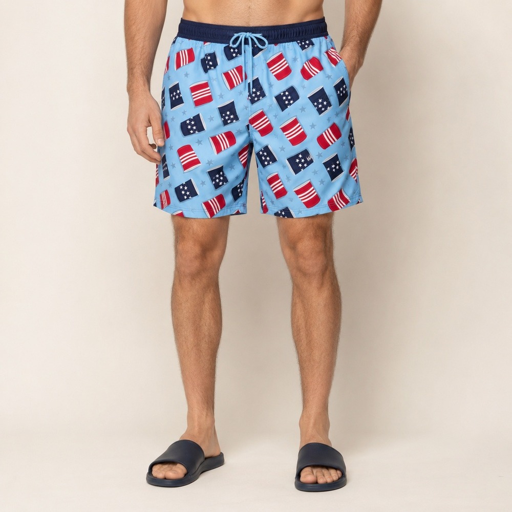 Way to Celebrate Mens XL Patriotic Party Cup Swim‎ Trunks Blue Red White 40-42